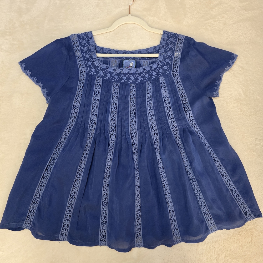 Johnny Was Navy Embroidered Top